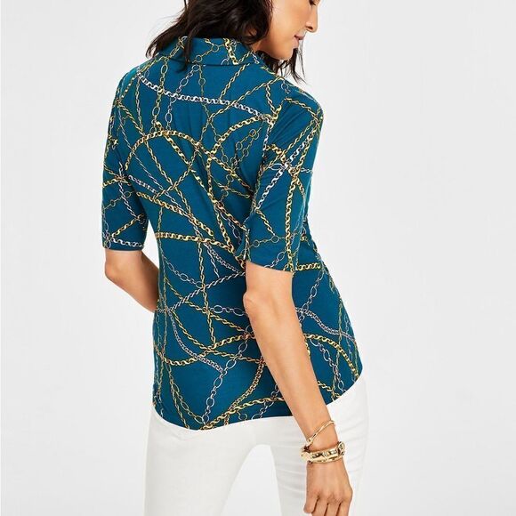 Printed Twist-Front Collared Top, - Picture 3 of 4